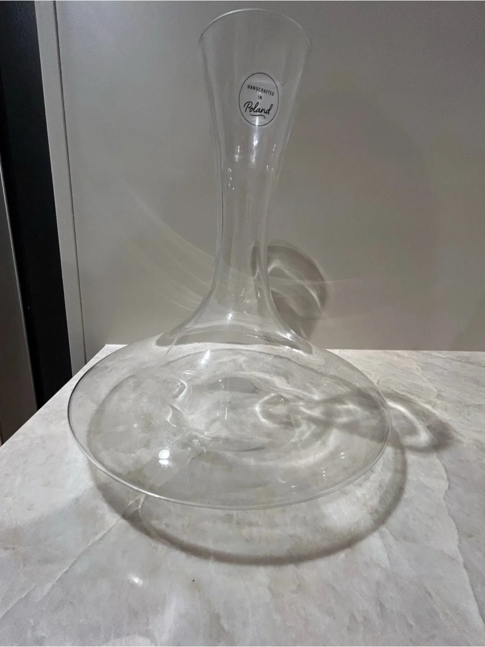 Wine Decanter Handcrafted In Poland Wide Base Clear Glass 11” Tall Barware